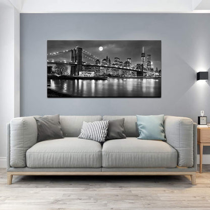 LevvArts - Black and White New York Picture Brooklyn Bridge Canvas Wall Art Full Moon Night Manhattan City Poster Canvas Print Framed Gallery Wrapped Modern Home Office Decoration