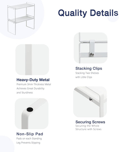 Nxconsu 2Pack Cabinet Shelves Stackable Organizer Rack Riser for Kitchen Cabinet Pantry Cupboard Counter Countertop Home Organization Storage Space Saver Heavy Duty Metal Nonslip White Tall