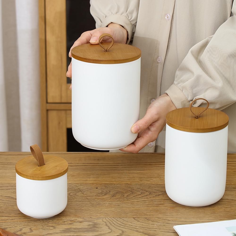 YYW Kitchen Canister Set for Countertop Set of 3, 9/28/45 oz Ceramic Food Storage Containers with Airtight Wood Lids, Food Saver Jars for Coffee, Tea, Candy, Flour(Three-piece suit in white)
