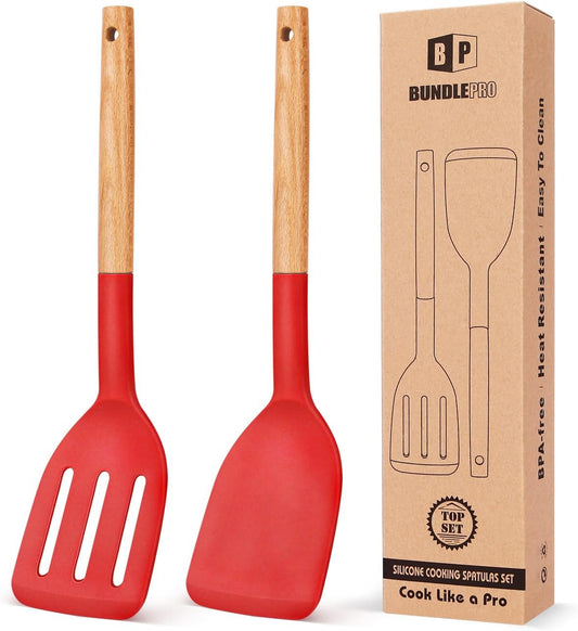 Pack of 2 Silicone Cooking Spatula, Heat Resistant Solid Turner, Non Stick Slotted Spatulas with