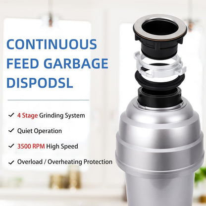 Powerful 1HP Stainless Steel Garbage Disposer, Dishwasher-Friendly and Continuous Feeding Waste Disposer, Grinding Material Four-Stage Grinding, Silver