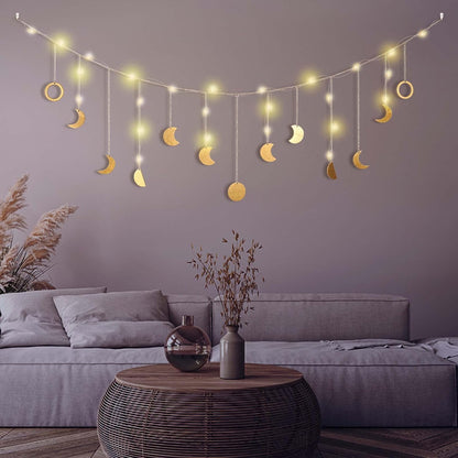 Moon Phase Wall Decor with LED String Light, 13 Gold Wood Boho Wall Hanging Decor Mood Garland 56'' - Celestial Phases Moon Decor in Bohemian Style for Bedroom Home Living Room