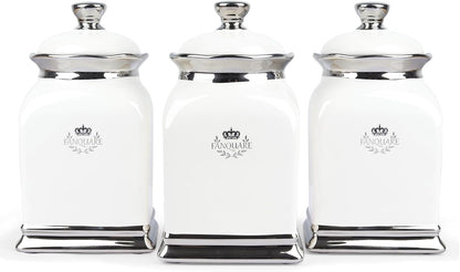 fanquare 30 OZ Cookie Jar, White Kitchen Canisters Set of 3, Farmhouse Porcelain Decorative Jars for Countertop, Ceramic Storage Jar for Coffee, Sugar, Tea Bag