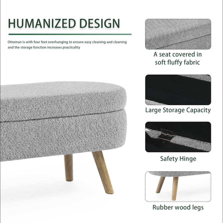 Oval Storage Bench 43.5" Linen Fabric Upholstered Entryway Bench with Solid Wood Legs Ottoman Bench Indoor Bench for Living Room/Bedroom/End of Bed/Entryway (New Grey)