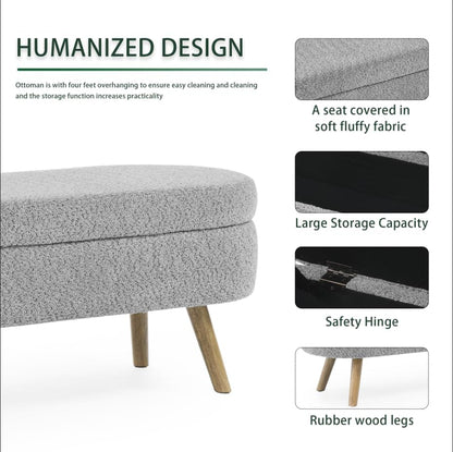 Oval Storage Bench 43.5" Linen Fabric Upholstered Entryway Bench with Solid Wood Legs Ottoman Bench Indoor Bench for Living Room/Bedroom/End of Bed/Entryway (New Grey)