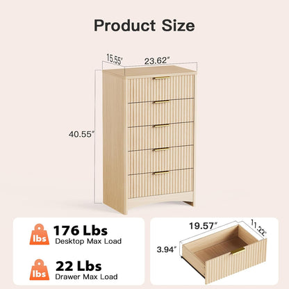 Pipishell Dresser for Bedroom, Fluted 5 Drawers Dresser, 40" Tall Modern Chest of Drawer with Round Edge & Pre-Installed Drawer Slides, Natural Wood Drawer Organizer for Bedroom, Hallway, Natural Oak