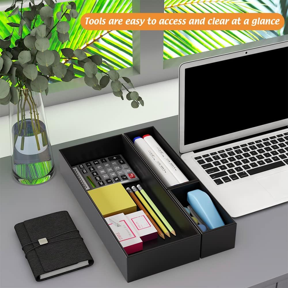 Black Bamboo Drawer Organizer - Silverware&Utensil Holder Organizer for Kitchen Drawers, Multi-Use Drawer Dividers Boxes for Bathroom Counter，Cabinet, Garage, Office Desk, Makeup, Jewelry (9"3"2.5")