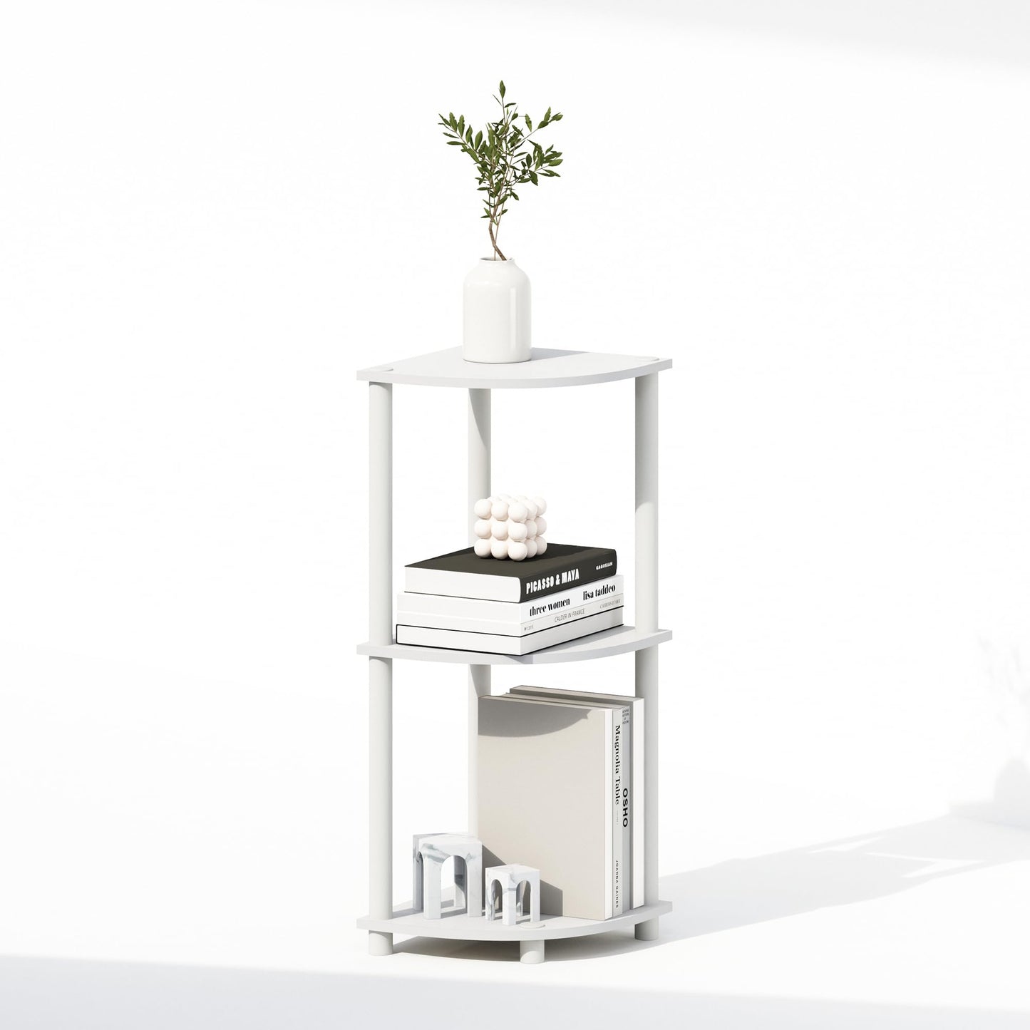 Furinno Turn-N-Tube Corner Shelf, 3-Tier Corner Bookshelf, White