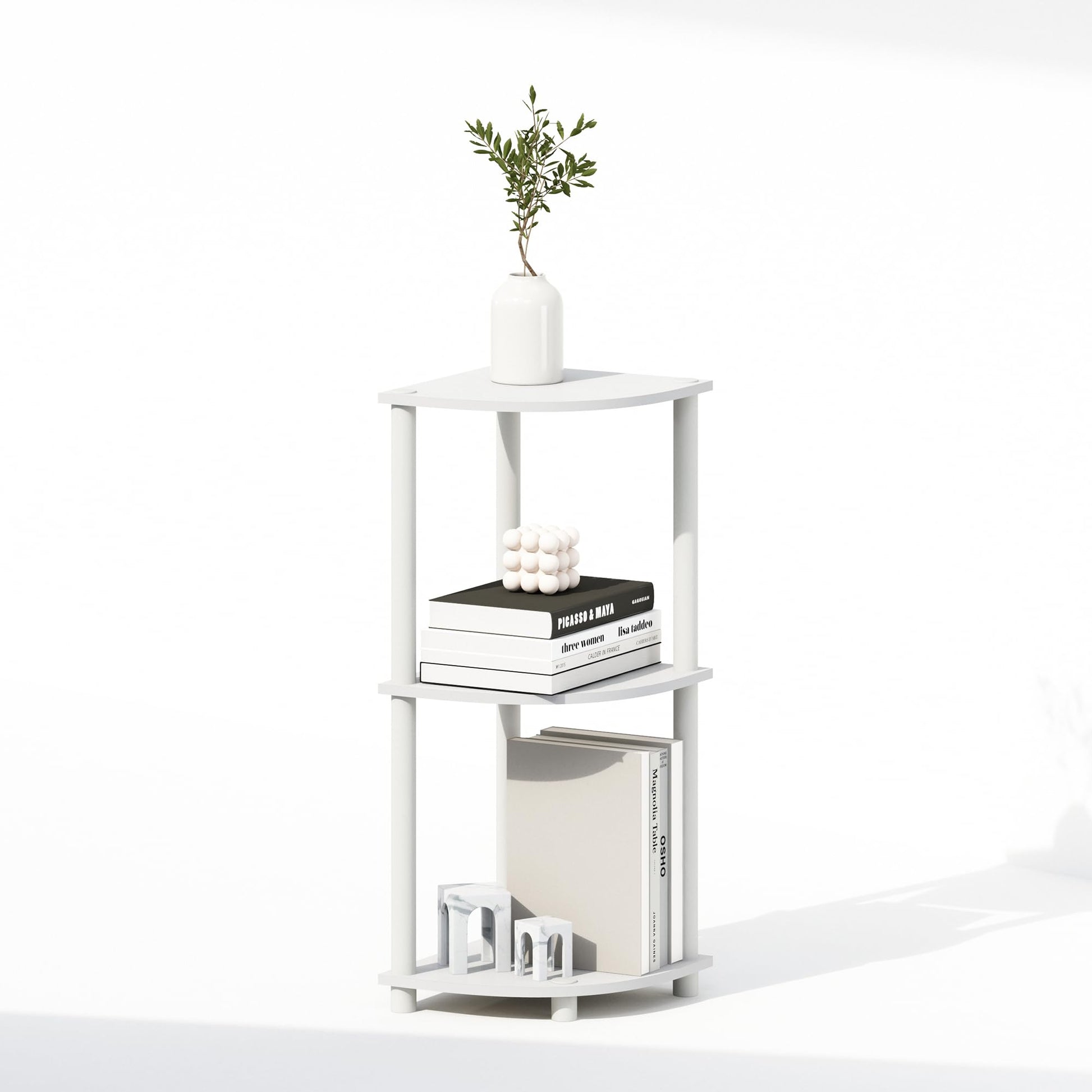 Furinno Turn-N-Tube Corner Shelf, 3-Tier Corner Bookshelf, White