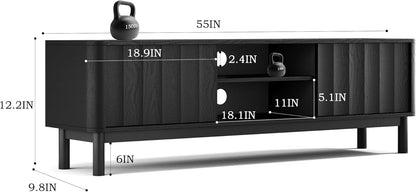 Black Mid Century Modern TV Stand, Wood Fluted Living Room TV Stands with Storage Sliding Doors, Desert-Inspired Design MCM Entertainment Center for 55 60 65 70 75 55+ 60+ 65+ 70+ Inch