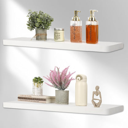 Solid Wood Floating Shelves Set of 2 - Natural, Warp & Crack Resistant 35.43 Inch Wall Shelf with Invisible Brackets Thicker, More Durable for Bathroom, Bedroom, Kitchen, Living Room (White, 35.43)