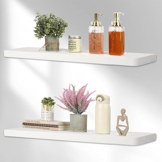 Solid Wood Floating Shelves Set of 2 - Natural, Warp & Crack Resistant 35.43 Inch Wall Shelf with Invisible Brackets Thicker, More Durable for Bathroom, Bedroom, Kitchen, Living Room (White, 35.43)