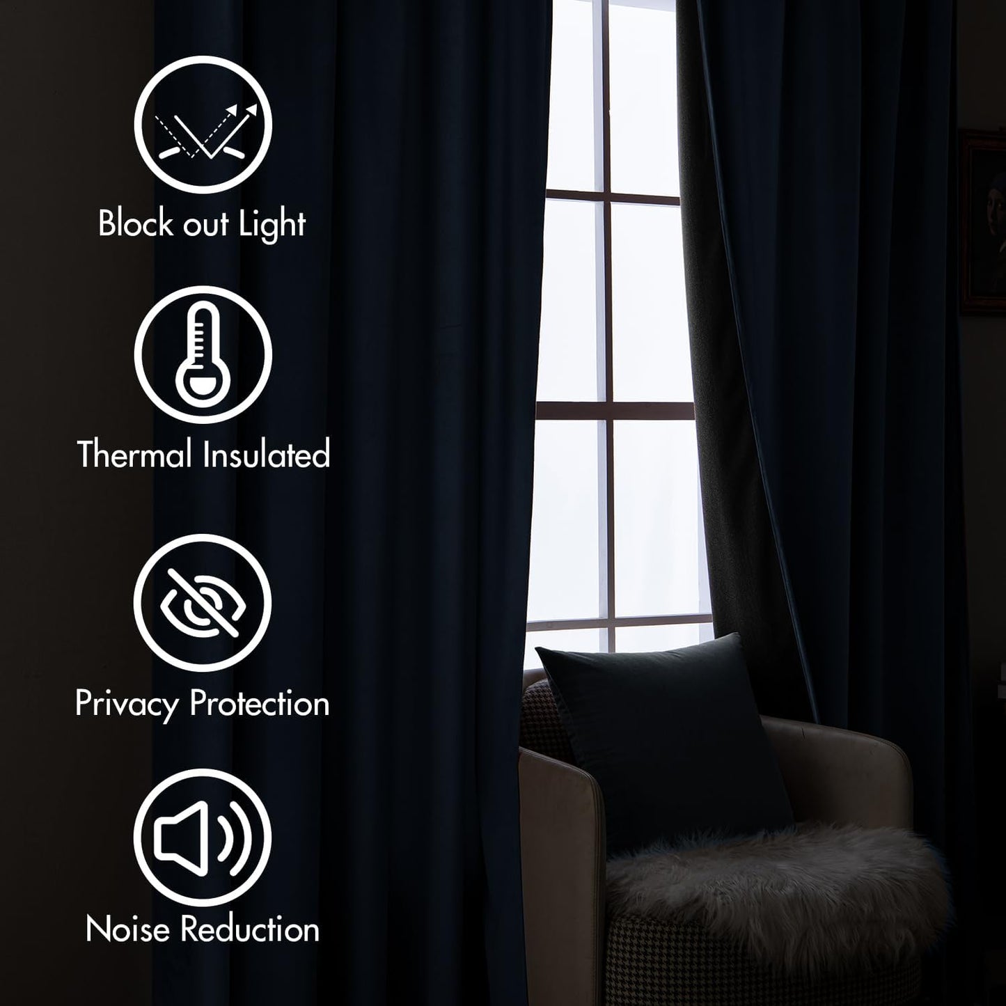 MIULEE Navy Blue Velvet Curtains 90 inches Long 2 Panels - Luxury Pinch Pleated Room Darkening Window Drapes for Bedroom Living Room Thermal Insulated Super Soft Blackout, Back Tab Rod Pocket