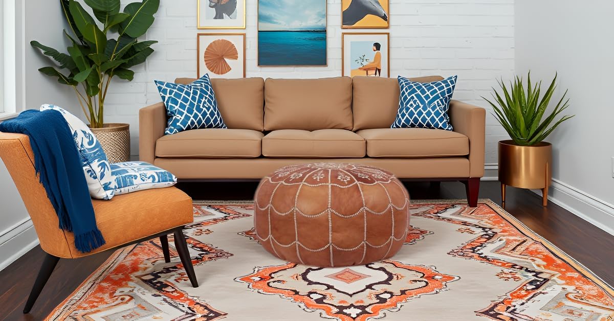 Stuffed Arch Design Moroccan Leather Pouf Ottoman, Handmade, Pre-Filled, 100% Genuine Leather, 14” Height x 22” Diameter – Boho Chic Footstool & Living Room Décor (Dark Tan)