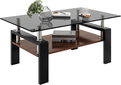 Glass Coffee Table Rectangle Living Room Center Table, with Gray Tempered Glass Tabletop and Brown MDF Layer,for Living Room and Office, Gray+Brown