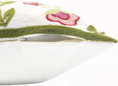 Alysheer Floral Embroidered Summer Decorative Throw Pillow Covers 18"x 18" Set of 2, Farmhouse Cottage Pink Flowers Green Leaves Knit Pattern Cotton Canvas Cushion Case for Sofa Couch Bed Living Room