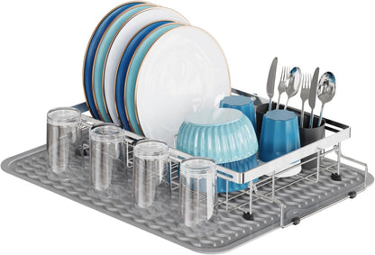 GSlife Stainless Steel Dish Drying Rack - Capacity Expandable in Sink Dish Drainer with Silicone Mat, Over Sink Dish Rack with Utensil Holder for Kitchen Counter, Large Capacity, Silver