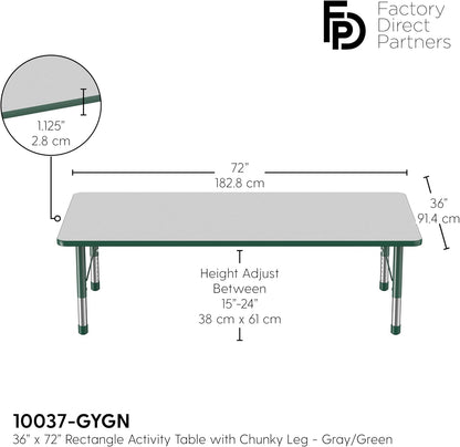 Factory Direct Partners FDP Rectangle Activity School and Classroom Kids Table (36 x 72 inch), Toddler Legs, Adjustable Height 15-24 inches - Gray Top and Green Edge