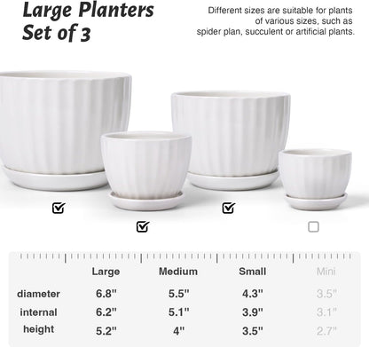 4/5/6 Inches Ceramic Plant Pots with Drainage Holes and Saucers, Round Flower Pots for Indoor Plant, Modern Flower Planters Set of 3 (White-Big Size)