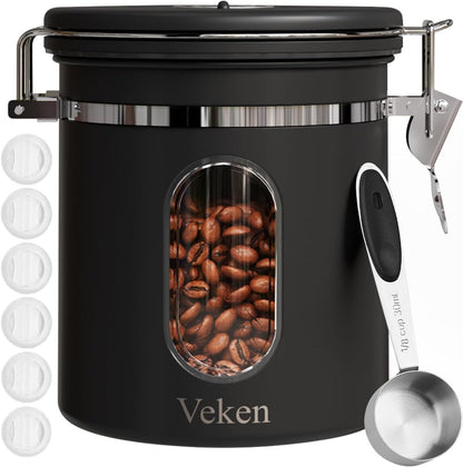 Veken Coffee Canister with Window, Airtight Stainless Steel Kitchen Food Storage Container with Date Tracker and Scoop for Grounds Coffee, Beans, Tea, Flour, Cereal, Sugar, 22&16OZ,Black