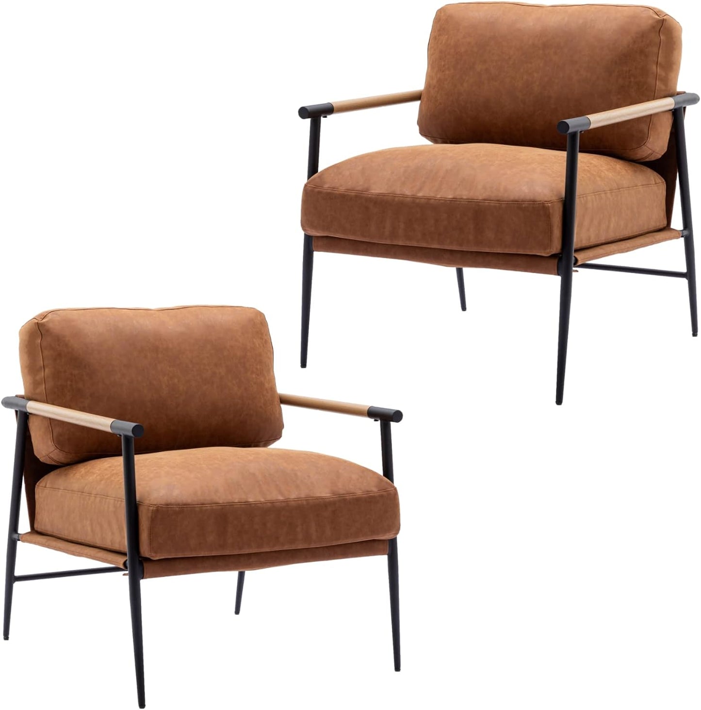 Mid-Century Accent Chair Set of 2, Soft Armchair PU Leather Lounge Chair with Black Metal Legs, Upholstered Leisure Chair for Living Room Bedroom Reception Room, Brown