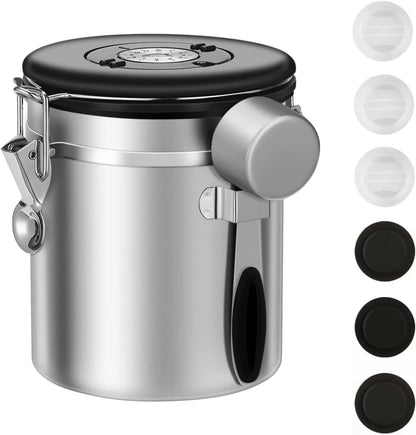 ShanSon Coffee Canister Airtight Coffee Container Stainless Steel Coffee Bean Storage Container with Scoop Coffee Canister for Beans Grounds Sugar Flour Tea Cereal,16OZ,Silver