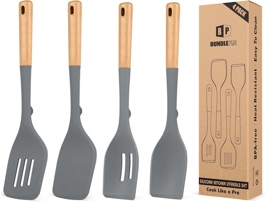 Pack of 4 Silicone Kitchen Utensils Set, Non Stick Solid Spatulas and Heat Resistant Slotted Spoons