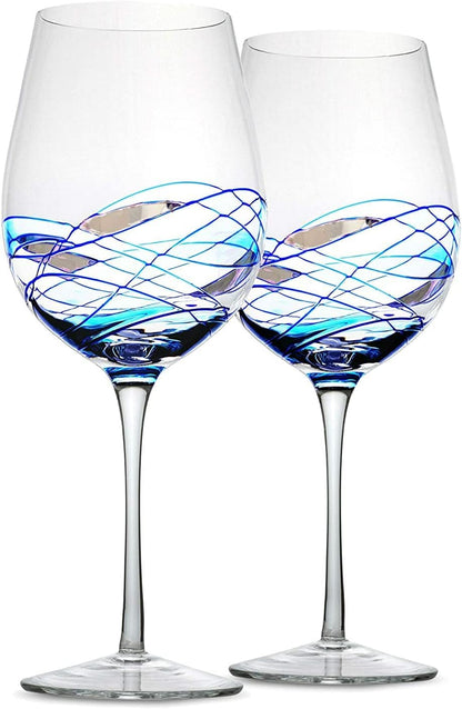 Bezrat Wine Glasses Hand Painted - Set of 2 - Women Wine Gift - Wine Lover Glass - Beautiful Glassware Gifts Ideas for Women Inspired by 'Duomo di Milano' Mothers Day - 12 oz (Blue)