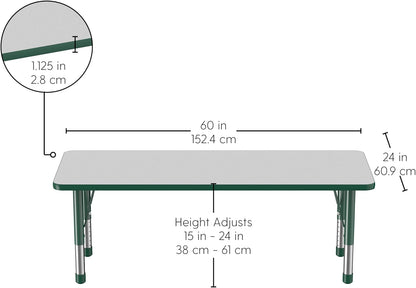 Factory Direct Partners FDP Rectangle Activity School and Classroom Kids Table (24 x 60 inch), Chunky Toddler Legs, Adjustable Height 15-24 inches - Gray Top and Green Edge