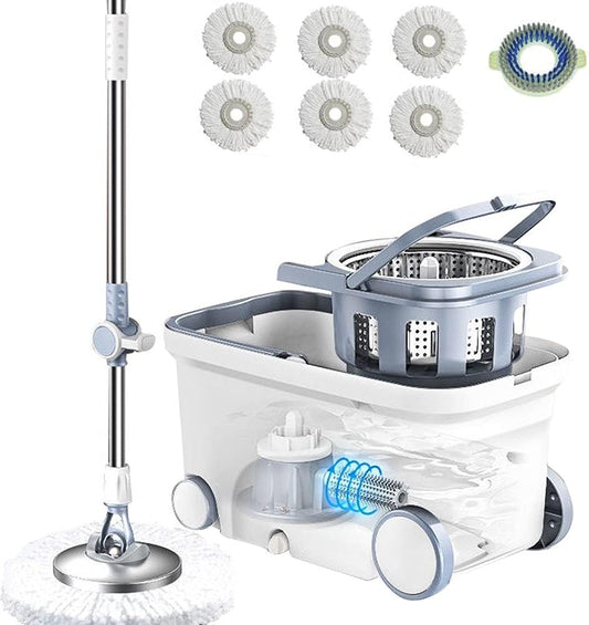 Spin Mop Bucket Deluxe 360 Spinning Floor Cleaning System with 6 Microfiber Replacement Head