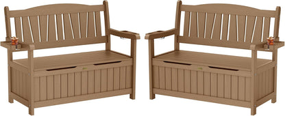 YEFU Outdoor Storage Bench for Patio: Heavy Duty Garden Bench Set of 2 with 96° High Backrest & Oversized Seating - HIPS Weatherproof Patio Bench with Storage for Porch Park Backyard, Teak
