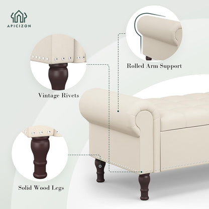 Apicizon 51”Storage Ottoman Bench, Soft Faux Leather Indoor Bench with Rolled Arm and Vintage Rivets, Large Storage Chest for Bedroom, Living Room, Entryway，Beige+Brown Legs