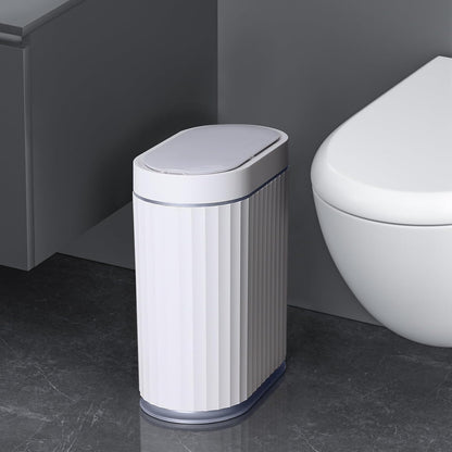 ELPHECO Bathroom Motion Sensor Trash can 2 Gallon Automatic Garbage Can, Slim Plastic Smart Trash Can with Lid, Commercial Intelligent Trash Bin for Bedroom, Bathroom, Office, White with Grey Trim
