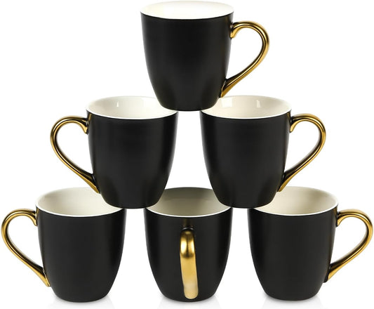 vicrays Coffee Mug Set, 11 Ounce, Set of 6, Ceramic Mug for Men, Women, Unique Glazed Mugs with Handle for Coffee, Tea, Milk, Cocoa, Cereal(Black with Golden)