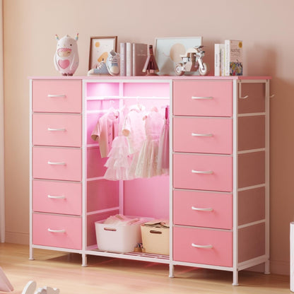 LUMTOK 2-in-1 Dresser with Hanging Rack, 10 Drawers Dresser for Bedroom,Dressers with Fabric Drawers,LED Lights, Charging Station and Hanging Racks for Bedroom (Pink)
