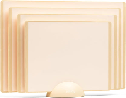SMIRLY Plastic Cutting Board Set with Holder 4 Pieces, Non-Slip Dishwasher Safe Chopping Boards for Kitchen, Cream White