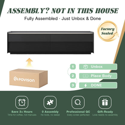 POVISON Fully-Assembled Mid Century Glossy Sintered Stone TV Stand, 70.87" Wood Media Console with Adjustable LED Light, Entertainment Center with Storage for Living Room