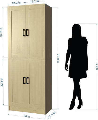 Oak Kitchen Pantry, 71" Tall Cabinet with Doors, Hutch with Storage for Dining Room