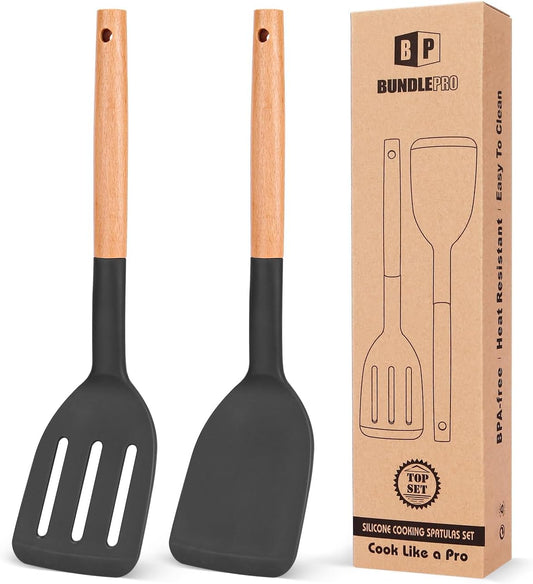 Pack of 2 Silicone Cooking Spatula, Heat Resistant Solid Turner, Non Stick Slotted Spatulas with