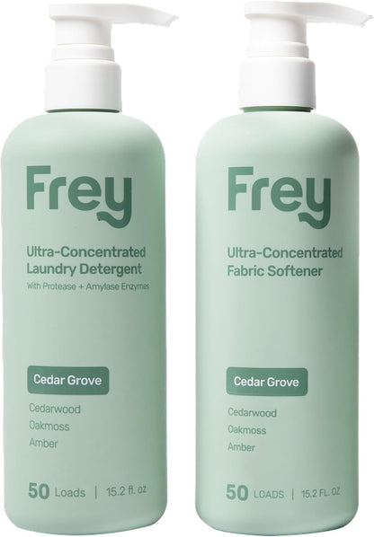 FREY Concentrated Liquid Laundry Detergent | Formulated for Sensitive Skin & HE Washers | Removes Stains Effectively | 50 Loads per Bottle (2-pack Cedar Grove)