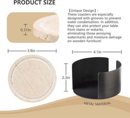 Marble Coasters Set of 6, Absorbent Stone Drink Coasters with Cork Backing, Non-Slip Modern Table Decor for Kitchen & Living Room, Natural Travertine Coasters for Drinks