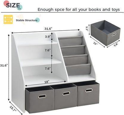 Kids Bookshelf, Kids Toy Storage Organizer with Storage Bins, Wooden Bookshelf and Book Display Shelf for Bedroom, Playroom, Nursery, Classroom, White