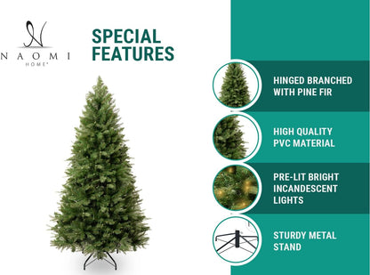 Naomi Home 7.5ft Christmas Tree with Lights, Realistic Fir Prelit with 1746 Branch Tips, 550 Warm Lights and Metal Stand, Aritificial Tree, +ürbol De Navidad