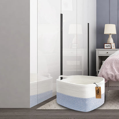 COMFY-HOMI Cotton Rope Woven Basket with Handles for shelf，Toy, Book, Cloth Storage Basket for Organizing-13.5"X11"X9.5" Storage Bin for Living Room, Newborn or Infant Gift for boy girl （White/blue）