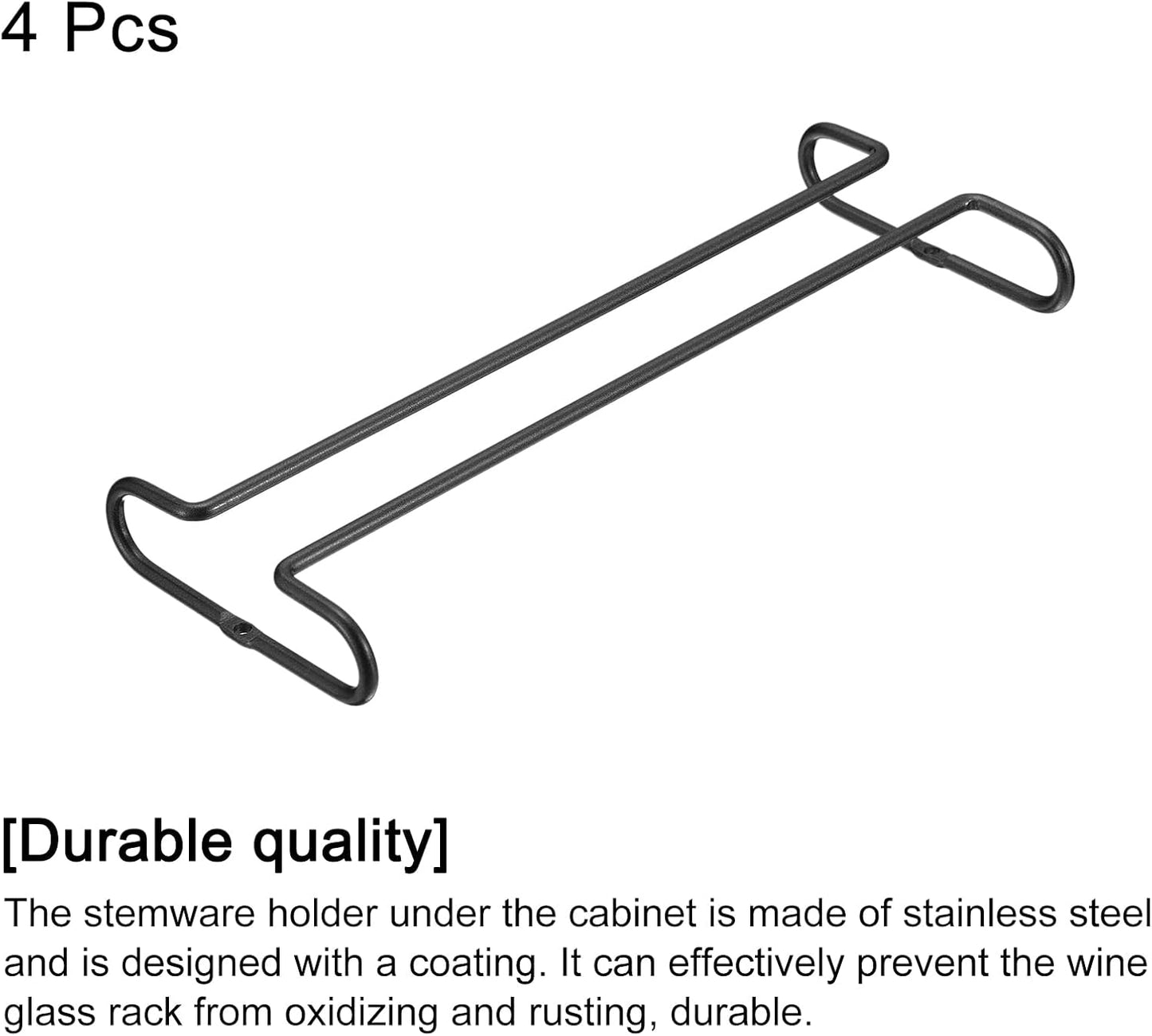 UXcell Under Cabinet Wine Glass Rack, 4-Piece Stainless Steel Stemware Organizer, 10-Inch Hanger for 5mm Stemware, Black