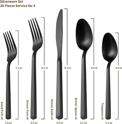 Alata Cube Black 20-Piece Forged Silverware Set Stainless Steel Flatware Set,Service for 4,Matte Satin Polished Cutlery Set,Dishwasher Safe