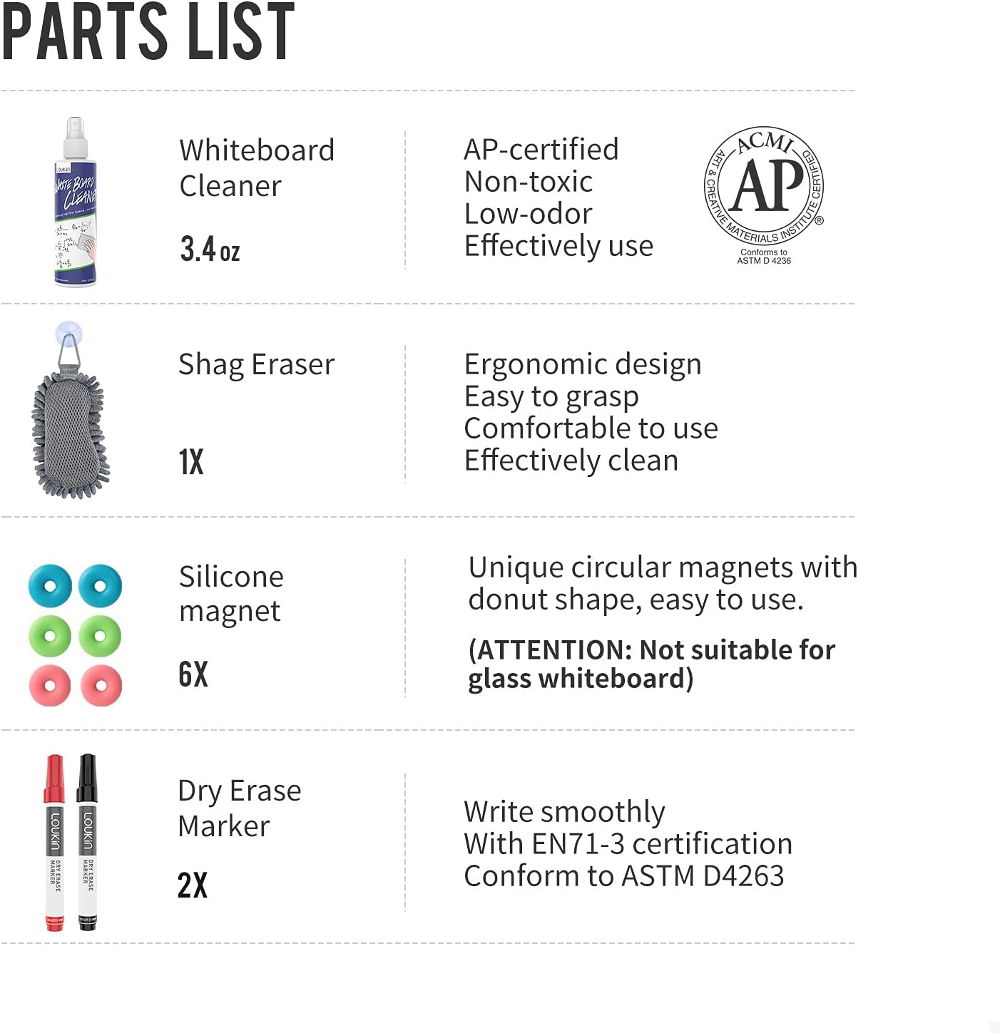 LOUKin Magnetic and Adhesive Marker Holder, Dry Erase Accessory Tray Set (Includes 1 Eraser, 1 Cleaner, 2 Dry Erase Markers and 6 Magnets), Ideal for Office, School or Home Use.