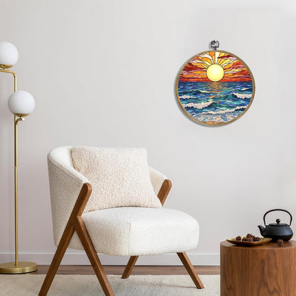 Colorful Boho Waves on The Beach Sunset Gifts for Sunset Lovers Framed Round Wall Decor Canvas Wall Art Hanging Prints Artwork for Home Nursery Bathroom Bedroom Living Room Decorations 10.2X10.2 Inch