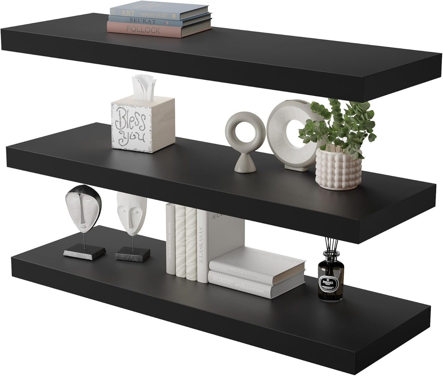 Large Floating Shelves for Wall Set of 3 Wooden Wall Shelves 24 in x 12.75 in x 2 in Room Decor Long Shelf with Invisible Wall Mount Bracket for Bedroom Kitchen Living Room Black