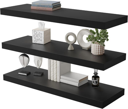 Large Floating Shelves for Wall Set of 3 Wooden Wall Shelves 24 in x 12.75 in x 2 in Room Decor Long Shelf with Invisible Wall Mount Bracket for Bedroom Kitchen Living Room Black